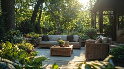 Outdoor patio seating area with wicker furniture and lush green garden in the background on a sunny day