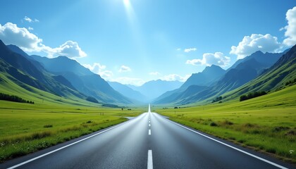 Naklejka premium Scenic road through green mountains and blue sky