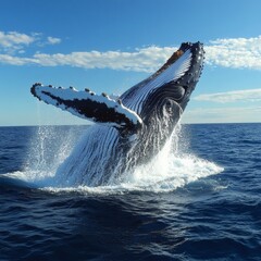 Fototapeta premium Humpback Whale Breaching the Ocean Surface in Beautiful Blue Day