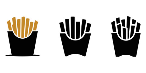 Set of French fries. Fast food. Fried potatoes. A popular snack. Color icon, silhouette, outline. Vector illustration, French fries vector cartoon, colored, contour and silhouette styles icon set. 