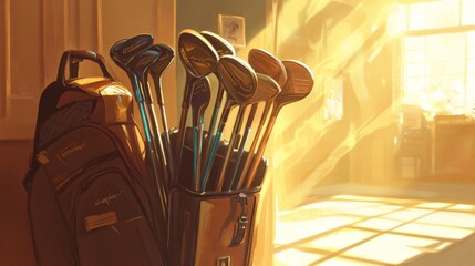 An artistic view of golf clubs arranged neatly in a golf bag, with the sunlight filtering through, highlighting the craftsmanship and elegance of the equipment