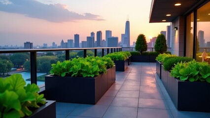 City skyline is visible in the background as a group of potted plants sit on a balcony