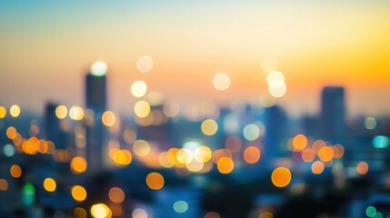 City skyline features colorful lights and structures during a sunset, creating a warm and soothing atmosphere as day turns to night