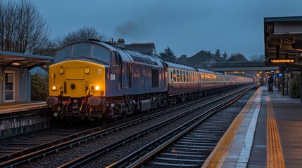 Obraz premium An atmospheric image of a train passing through a station at dusk, with warm lights illuminating the platform and creating a vibrant contrast against the darkening sky