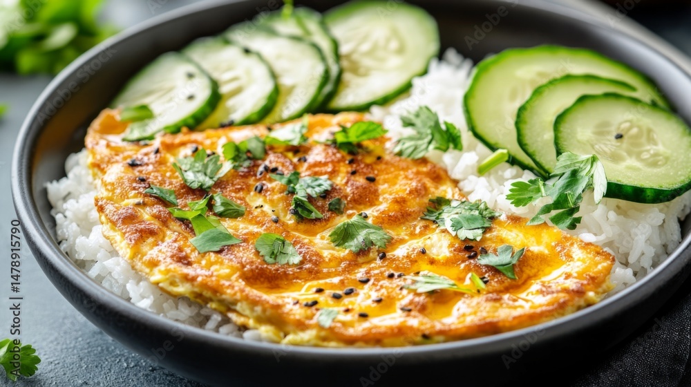 Poster an inviting bowl of omelet rice served with a side of fresh cucumber slices and herbs, showcasing th