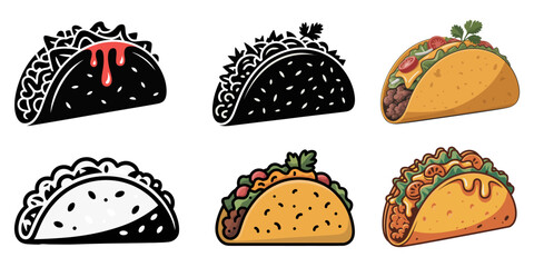 Taco. Silhouettes. Set of isolated icons. Hand drawn design. Black color. Vector illustrations on white background, Taco icon. 6 Different styles. Editable stroke, Taco Silhouette Vector Set - Mexican