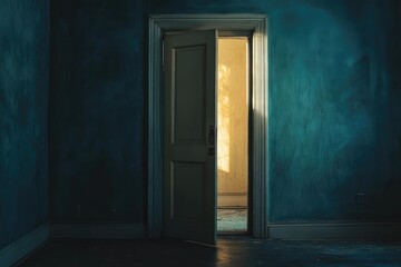 Obraz premium A sun-drenched doorway in a dimly lit room. An antique door, slightly ajar, reveals a brighter interior. The teal walls and dusty floor of an abandoned space evoke a sense of mystery