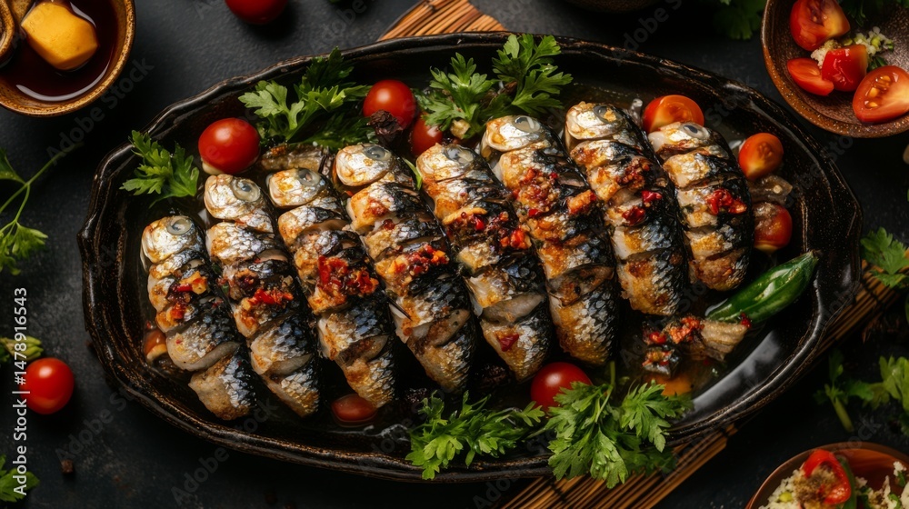 Poster an overhead shot of deep-fried fish fillets arranged neatly on a plate, drizzled with fish sauce and