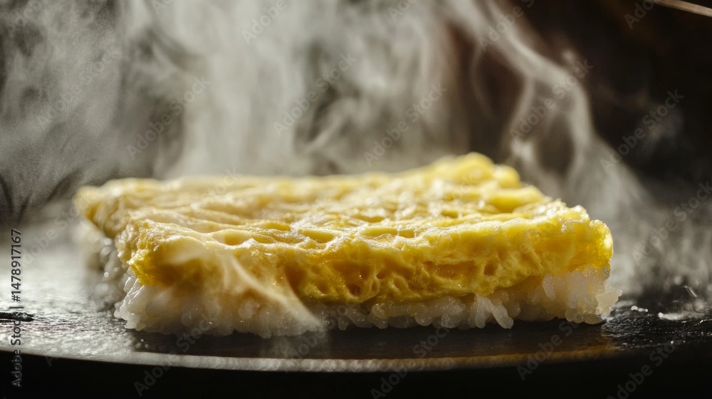 Poster a captivating close-up of a slice of fluffy omelet being served over fragrant rice, with steam risin