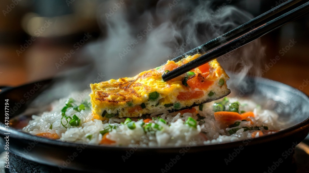 Poster a captivating close-up of a slice of fluffy omelet being served over fragrant rice, with steam risin