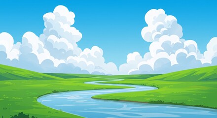 Fototapeta premium Serene River Landscape Rolling Green Hills Under a Sunny Sky