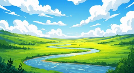 Obraz premium Serene River Landscape Vibrant Green Meadows Under a Sunny Sky