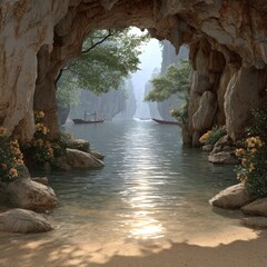 Tranquil Cove Viewed from Cave Opening Calm Water, Lush Foliage, and