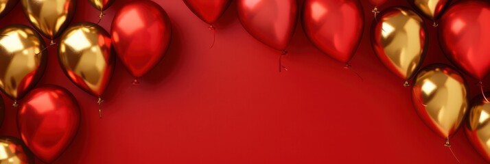 Montenegro independence day celebration with red and gold balloons for festive design. Horizontal banner. Copy space. Red and gold ballons in colors of flag of Montenegro on a red background