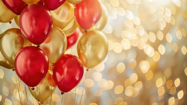 Celebration of montenegro independence day with red and gold balloons and festive lights. Horizontal banner. Copy space. Red and gold ballons in colors of flag of Montenegro on a gold background