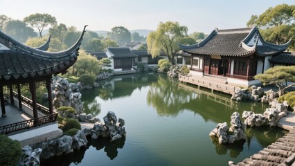 Fototapeta premium Traditional Chinese Garden with Pagodas and Reflective Pond
