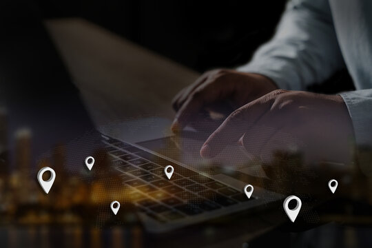 man using gps navigation on smartphone GPS Map to Route Destination network connection Location Street Map with GPS - Powered by Adobe
