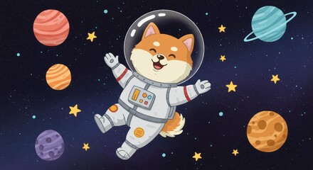 Doge as astronaut in space, cute illustration