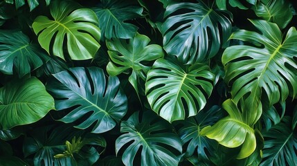 Lush Green Tropical Monstera Leaves Background