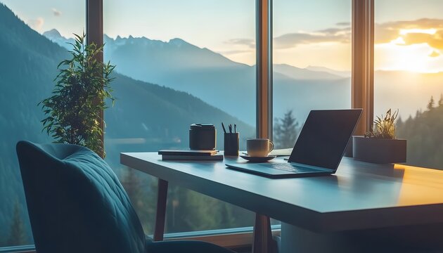 Scenic mountain view from a modern workspace.