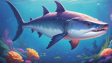 Fototapeta premium A vibrant illustration of a sleek, cartoonish shark swimming in the ocean.