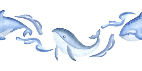 Blue and killer whale with sea waves watercolor blue seamless border for kids design. Hand drawn isolated illustration of cute marine animal characters. Underwater ocean inhabitants in sketch style.