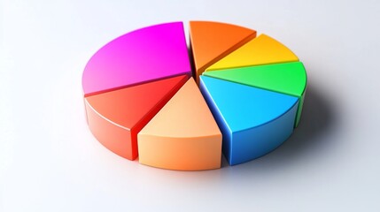 Fototapeta premium A colorful D pie chart with segmented sections in vibrant shades, each piece slightly raised, casting soft shadows on a white background
