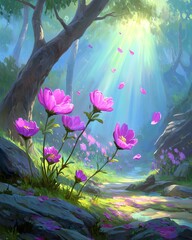Pink flowers in sunlit forest path art