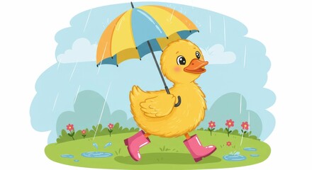Cartoon duckling with umbrella in rain illustration