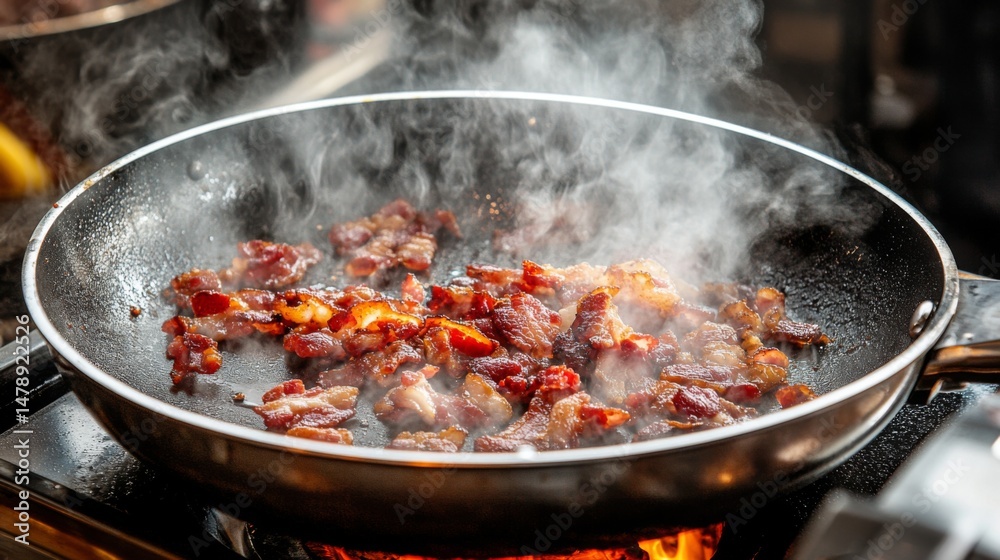 Poster A dramatic image of bacon strips caramelizing in a frying pan, with the heat creating a tantalizing visual of texture and color, enhancing the dishs appeal