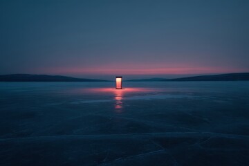 Telephone Booth in the Center of Frozen Lake, Glowing Softly in Twilight Surrounded by Ice Cracks