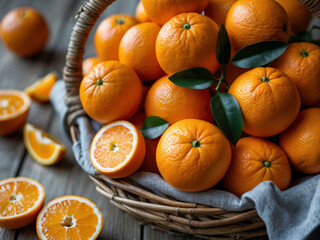 A wicker basket overflowing with fresh, vibrant oranges, some with leaves attached. Sliced oranges are on the wooden surface.