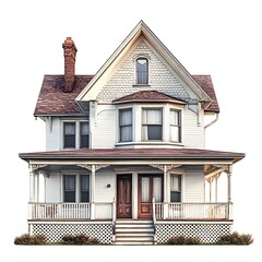 Naklejka premium Classic House's Architectural Elegance: A stately two-story house showcases timeless design, featuring a wrap-around porch, intricate architectural details, and a classic aesthetic.