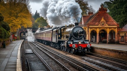 A dramatic shot of a steam train arriving at a historic station, with billowing smoke and an ornate platform, evoking a sense of nostalgia for the golden age of rail travel © Plaifah