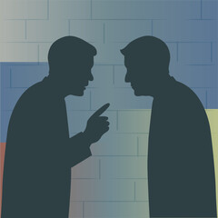 Concept of shadow peace talks in Ukraine. Banner with two silhouettes of men secretly making a deal against a wall in flag colors
