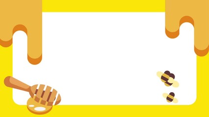 Bees actively gather around honey dripping from a dipper on a white backdrop, ideal for nature or food-themed animated content