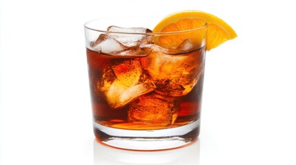 Refreshing Old Fashioned Cocktail Close Up Studio Shot on White Background with Orange Slice Garnish and Ice Cubes in Glass