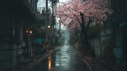 Street with cherry blossom in rainy weather