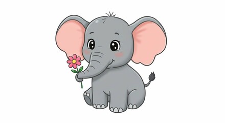 Fototapeta premium Adorable cartoon elephant holds pink flower