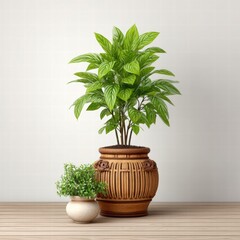 Fototapeta premium Green Potted Plants on Wooden Table Against White Wall