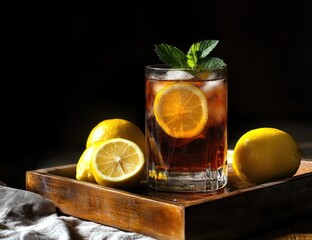 Refreshing iced tea drink with lemon and mint