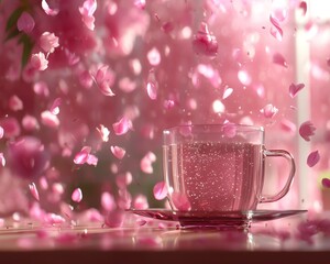 Tea cup with flower petals falling