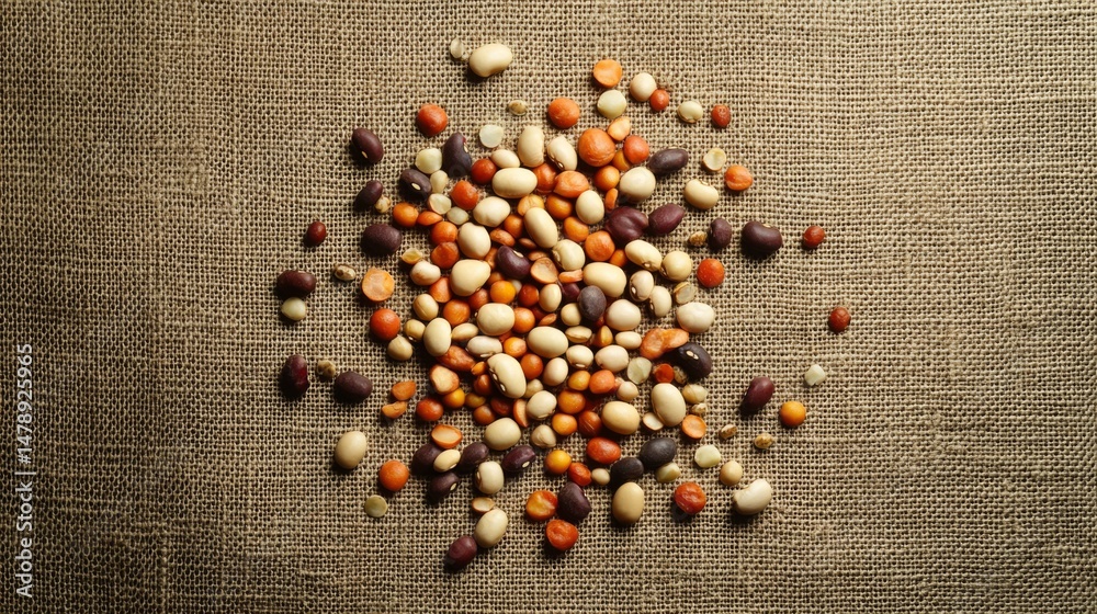 Poster a flat lay arrangement of various dried beans scattered on a textured linen cloth, capturing the ric