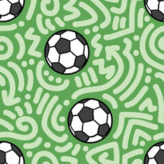 Obraz premium Football soccer and doodle seamless pattern in green theme
