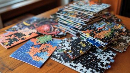A flat lay of several completed jigsaw puzzles stacked on a table, each showcasing different themes and artwork, emphasizing the variety and creativity in puzzle-making