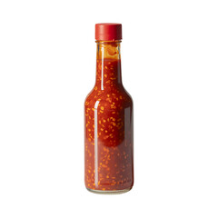 A glass bottle of spicy red hot sauce isolated on pure white background with clean details

