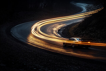 Car enters a sharp turn, leaving spectacular light streaks on a dark road