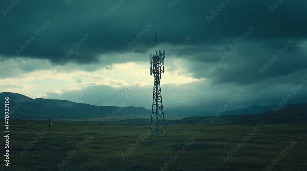 Poster a lone signal tower in a vast open field, with dramatic clouds above and sunlight breaking through, 