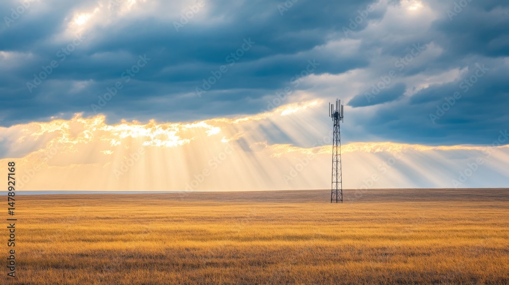 Poster A lone signal tower in a vast open field, with dramatic clouds above and sunlight breaking through, symbolizing the reach of technology into remote areas