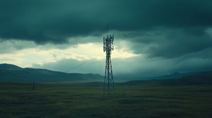 Obraz premium A lone signal tower in a vast open field, with dramatic clouds above and sunlight breaking through, symbolizing the reach of technology into remote areas